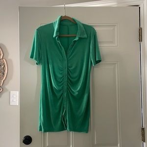 Green ruched button down dress